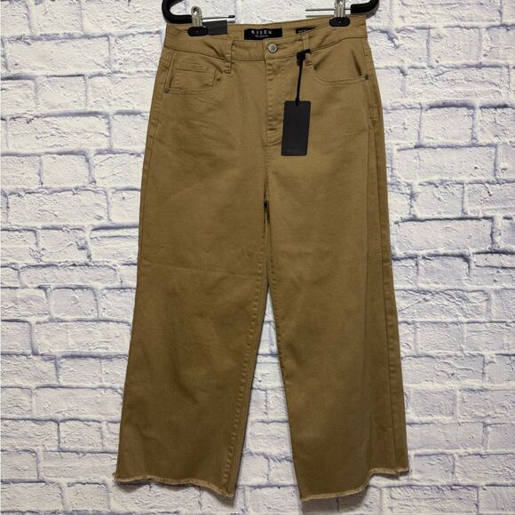 Risen frayed hem High-Rise Cropped Wide Leg Jeans tan RDP1241 size 29 nwt - Picture 1 of 16
